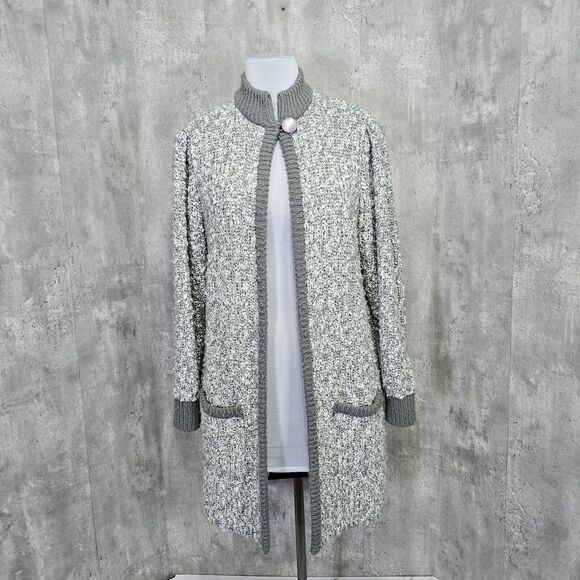 Vintage 80s Monto Por Le Chois M/L Grey Long Boucle Knit Cardigan Sweater Duster - Picture 1 of 9